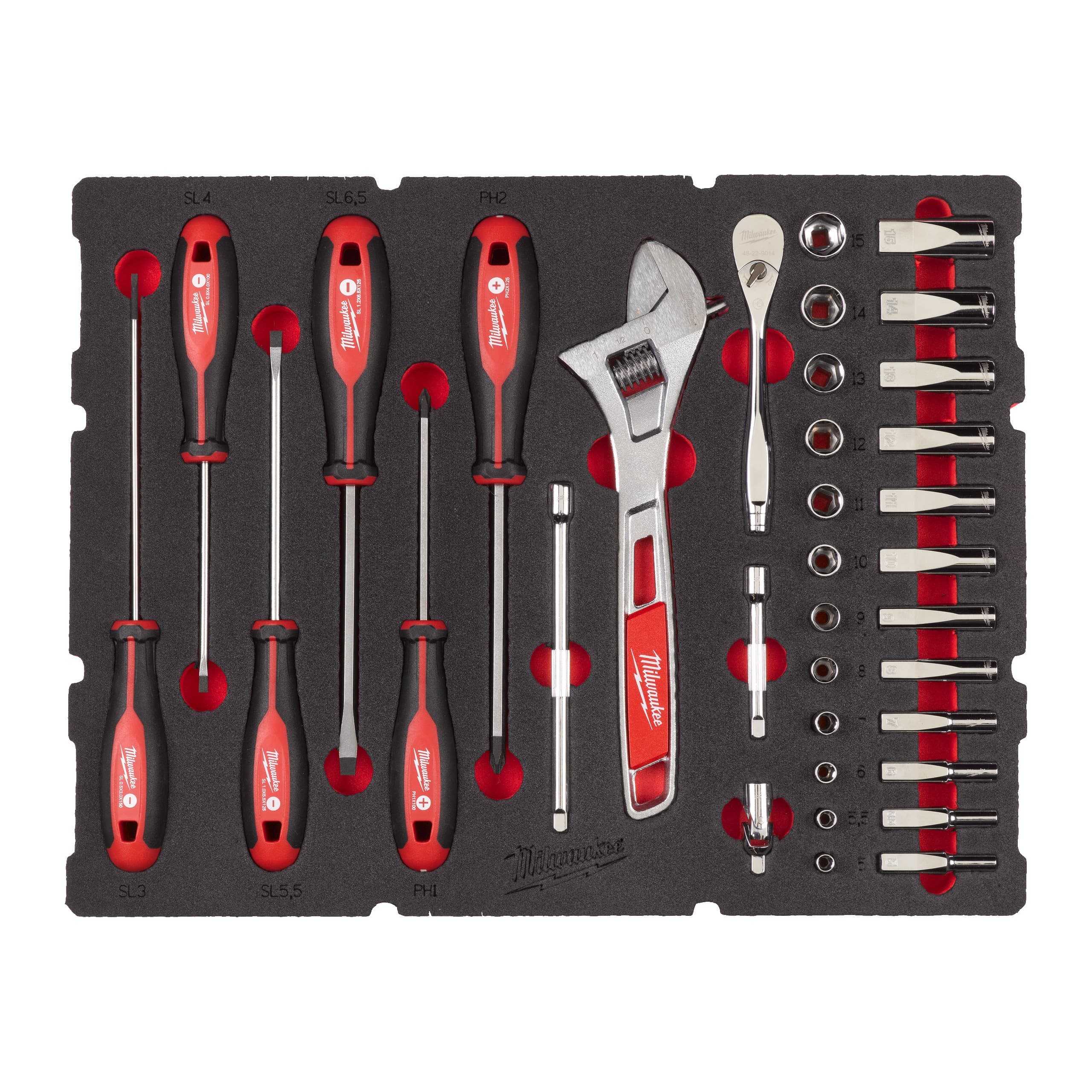 Milwaukee 1/4" Ratchet and Socket and Trilobe Screwdriver and Wrench Set Foam Insert
