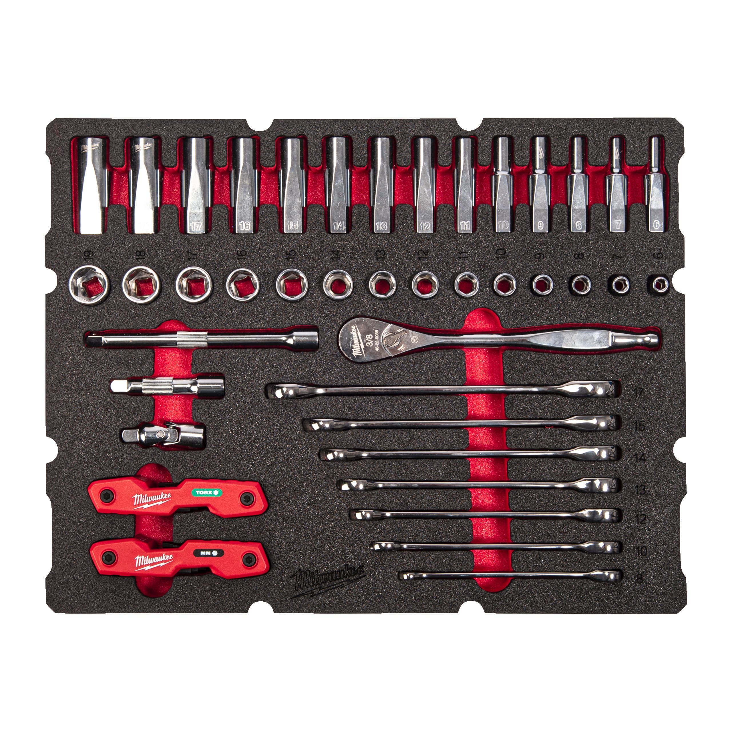Milwaukee 55 pc Packout Drawer 3/8" Ratchet and Ratcheting Comb Spanner Foam Insert Set