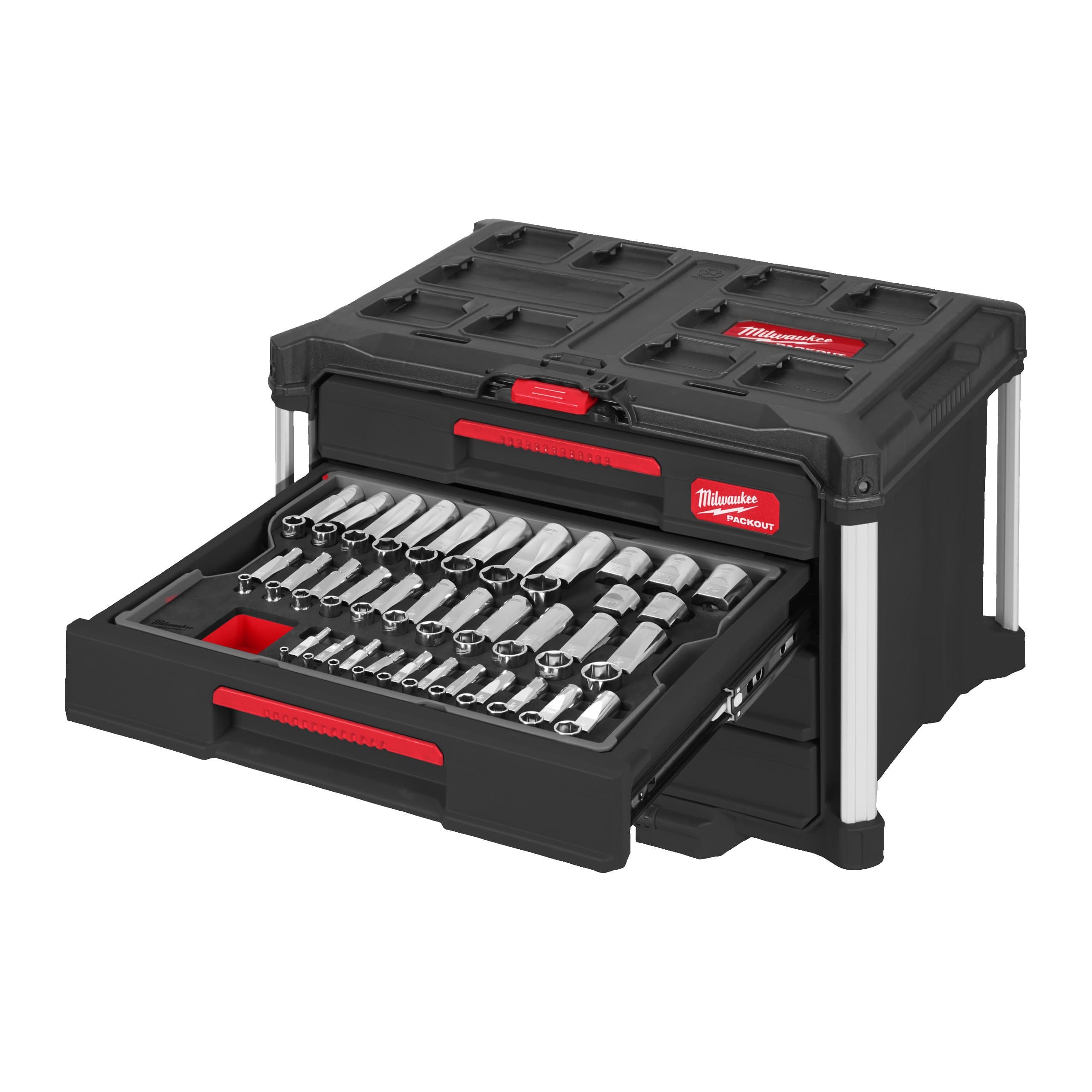 Milwaukee 244 pc Filled PackoutTM 1/4. 3/8'' and 1/2'' Drive Ratchets and Sockets Set